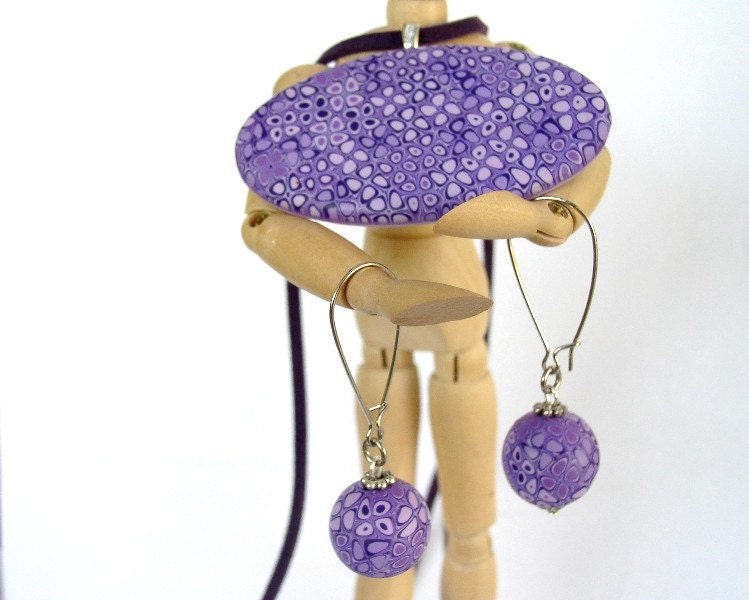 Purple Oval Pendant and Earrings - Handmade from Polymer Clay