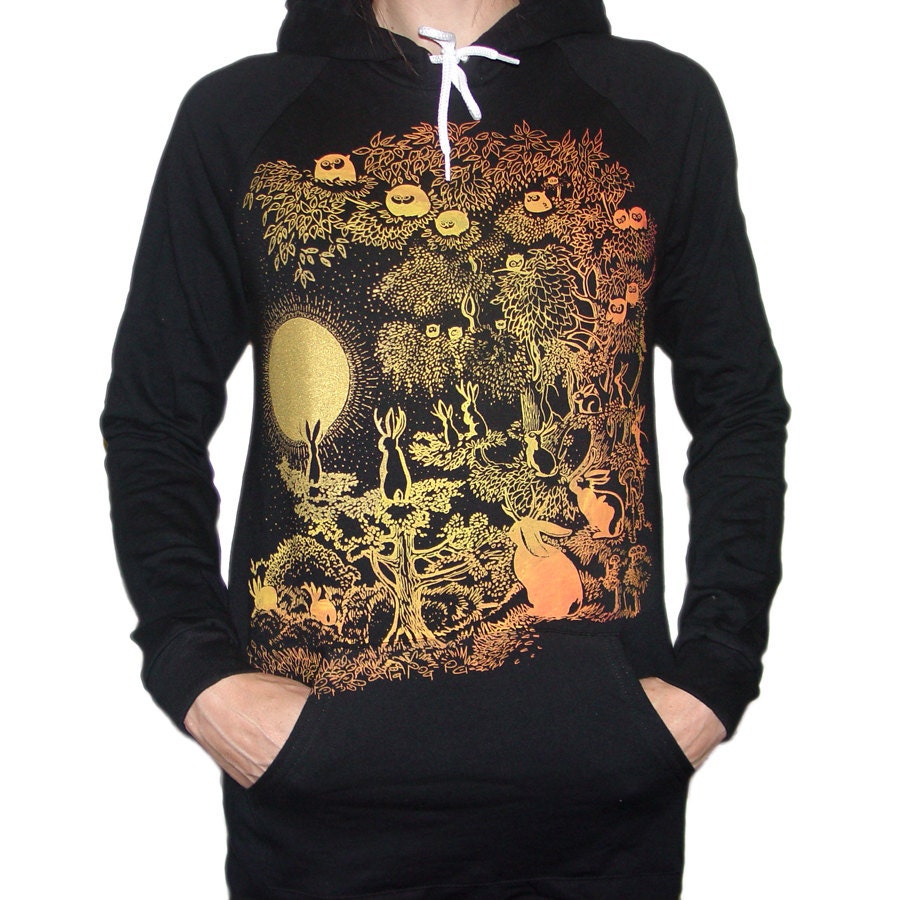 Jackalopes & Owls hoodie dress - eco-friendly gold and orange ink screenprint on black cotton fleece - size Medium / One Size
