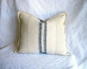 French Country Vintage Grainsack Decorative Pillow Cover Cottage Natural Blue Hemp Stripe
