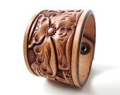 SAMPLE SALE - Saddle Tan Wild Rose Floral Leather Cuff- Small