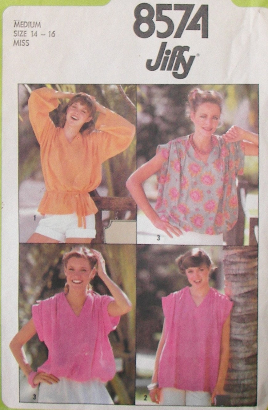 Vintage Simplicity Pattern 8574 - Misses Jiffy Pullover Top and Tie Belt - Size 14 -16, Bust 36" - 38"