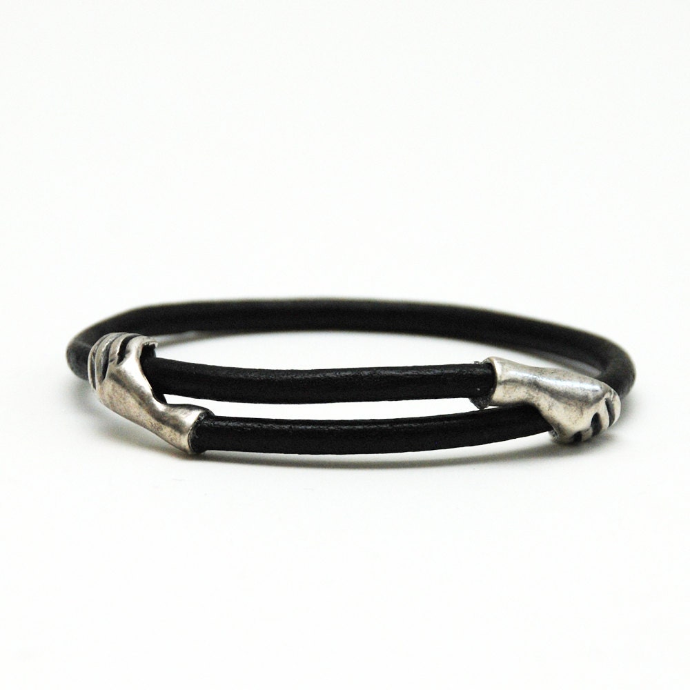 Self Embracing Black Leather Bracelet with Sterling Silver Hands