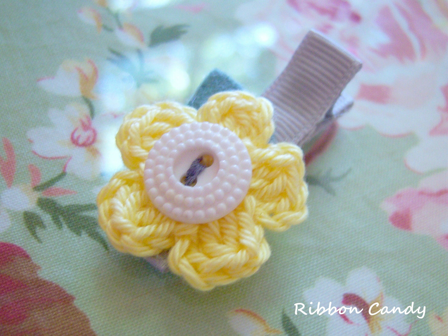 Yellow Grey and White Crochet Flower Hair Clip  - Button center, wool felt leaf - non slip - bitty clippie