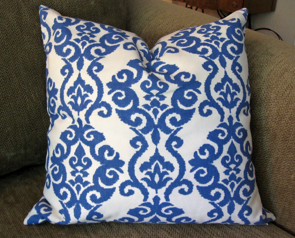 Decorative Pillow Cover, ONE  18" x 18",  Blue and Natural (Cream) Ikat Print