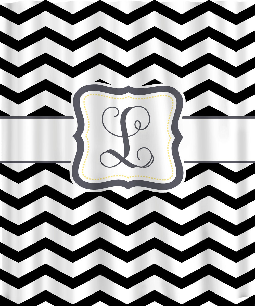 Custom Personalized Chevron Shower Curtain - your colors - shown black with grey and yellow accent