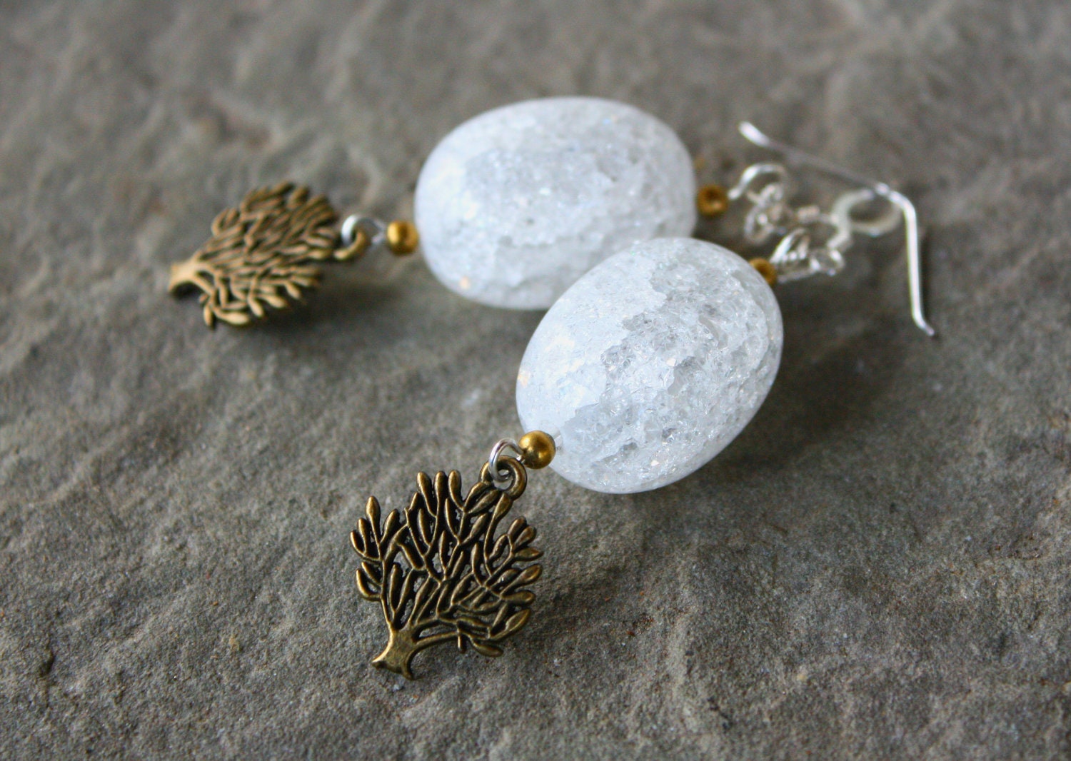 Brass Earrings Tree Charms - with accenting Chunky White Crackled Glass Beads & Sterling Silver by Mei Faith