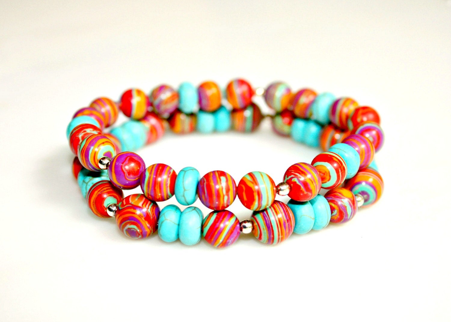 Turquoise & Sterling Bracelets Beaded Stackable SET of TWO - Pair of Rainbow and Blue Turquoise Gems with Sterling Silver by Mei Faith