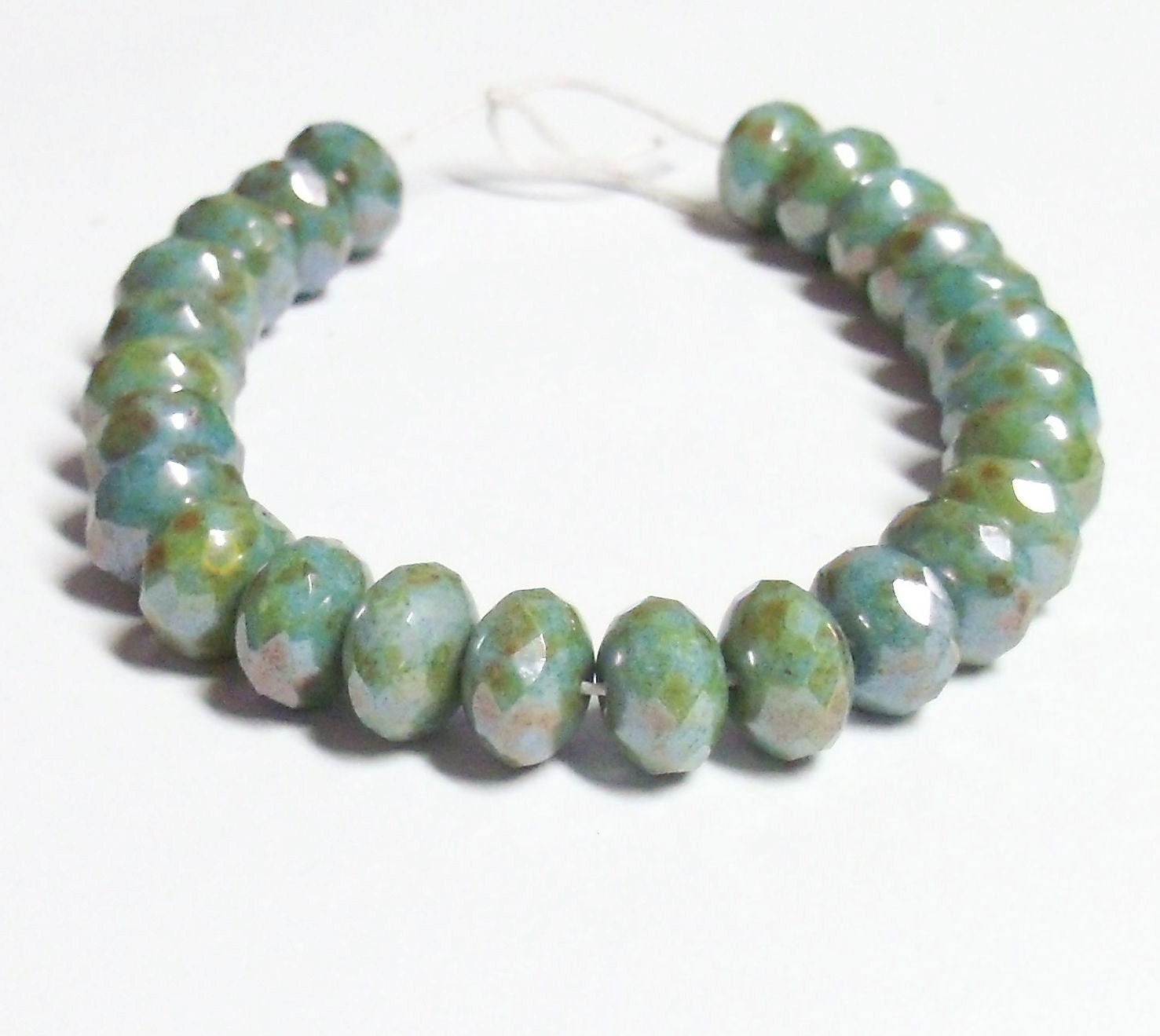 Czech Glass Faceted Fire-Polished Rondelle - 8x6mm - Opaque Turquoise Picasso Luster - FULL STRAND (25 beads)
