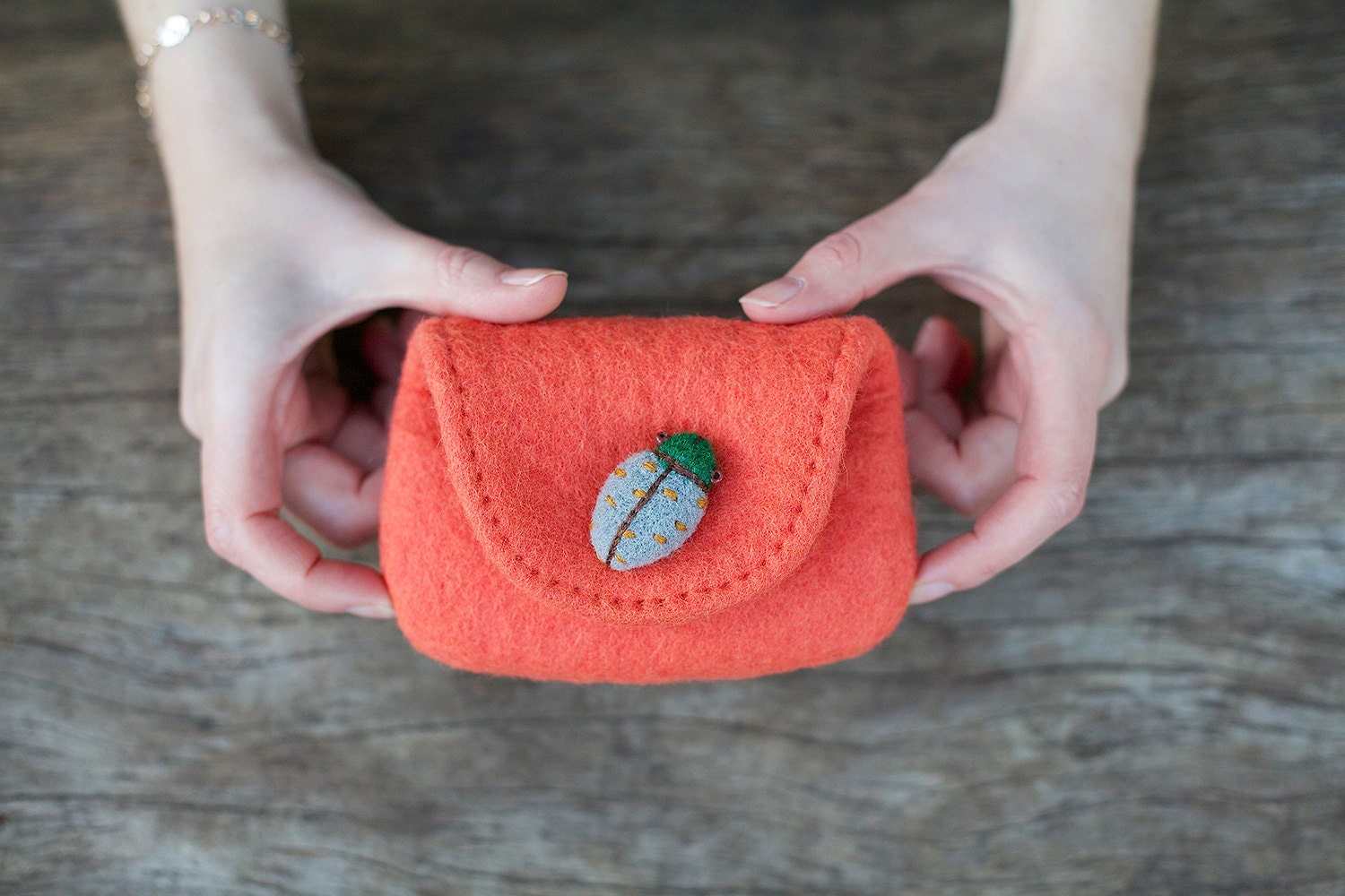 L for Ladybirds "  wool felted red orange purse with felted  beetle button