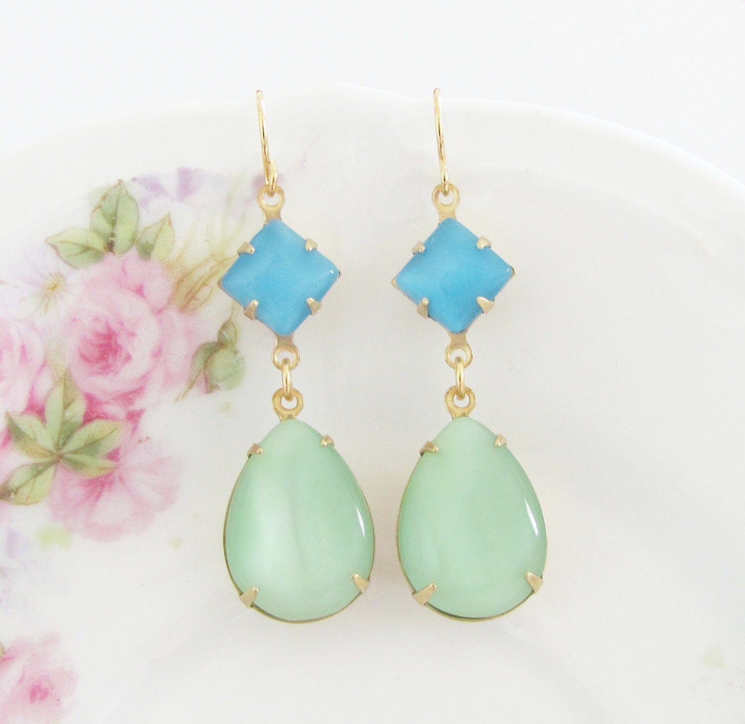 Vintage Mint Green Teardrop and Turquoise Blue Square Moonstone Glass Jewel Dangle Earrings - Colorblock, Wedding, Bridal, Bridesmaid