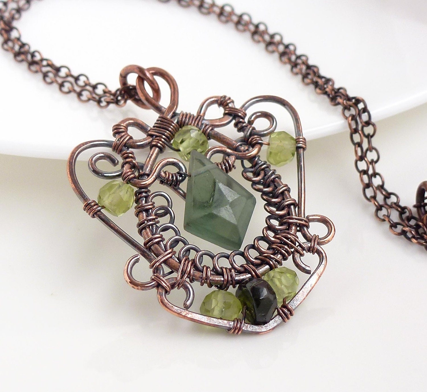 Copper wire wrap jewelry, green peridot necklace, handmade olive green necklace, peridot copper necklace, handmade copper jewelry - CreativityJewellery