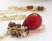 Red teardrop necklace, gold cluster necklace, bright red quartz and garnet necklace, red and gold jewelry