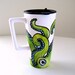 Ceramic Travel Mug with handle Green Octopus Eco Friendly sea creature tentacles kraken 16 oz