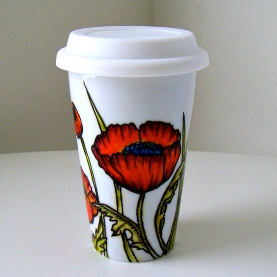 Ceramic Travel Mug Red Poppies Flowers Spring Orange Fall Botanicals Eco Friendly coffee cup green leaves