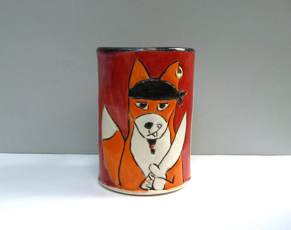 Fox Mug With Pirate Fox, Large, Red And Orange, Coffee Mug