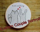 Custom Embroidered Animal Couple Portrait with Names on LARGE hoop - Made to order
