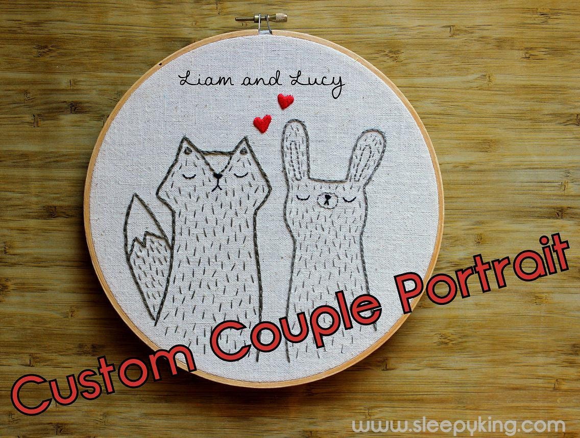 Custom Embroidered Animal Couple Portrait with Names on LARGE hoop - Made to order