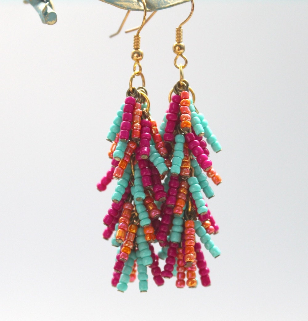 hot pink, orange and turquoise seed bead earrings