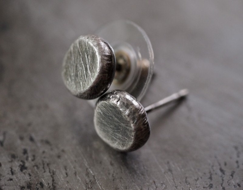 Petite, industrial fine silver button disc stud earrings