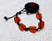 Orange Black Sea Glass Leather Bracelet