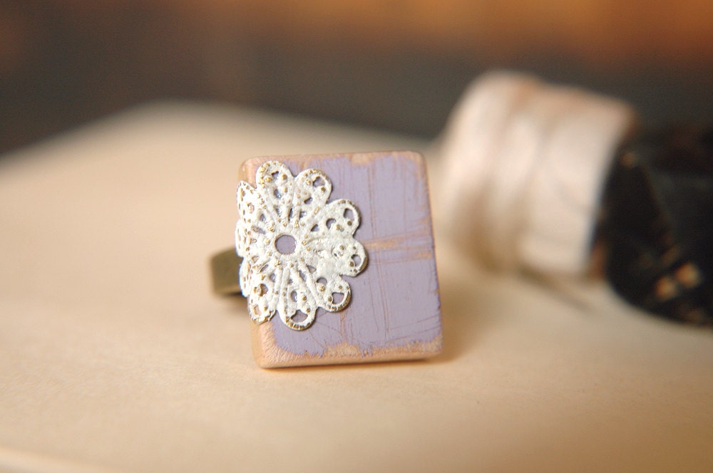 Cottage Chic Lilac and White Filigree Adjustable Scrabble Tile Ring - Lavender & Lace