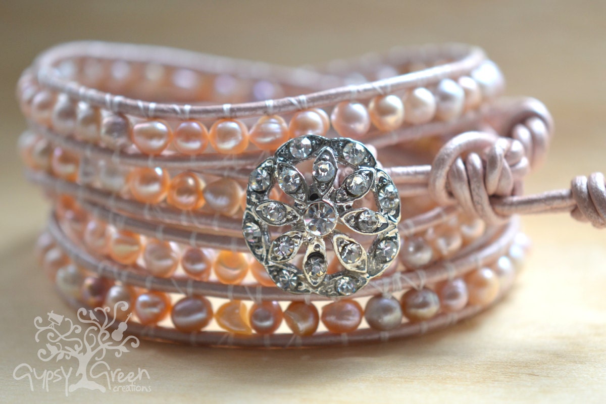 Bride/Bridsmaid Antiqued Rhinestone Pendant Beaded Leather Wedding Wrap Bracelet