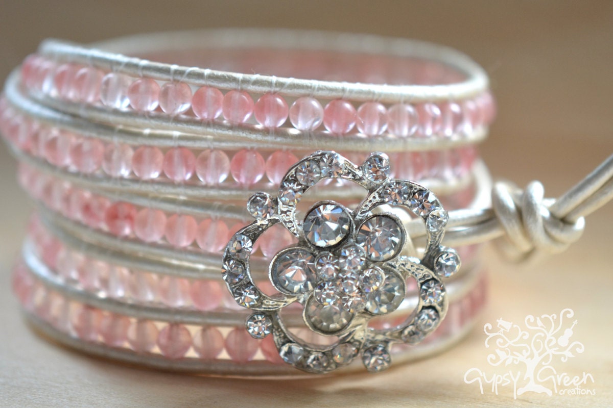 Bride/Bridesmaid Antiqued Rhinestone Beaded Leather Wedding Wrap Bracelet