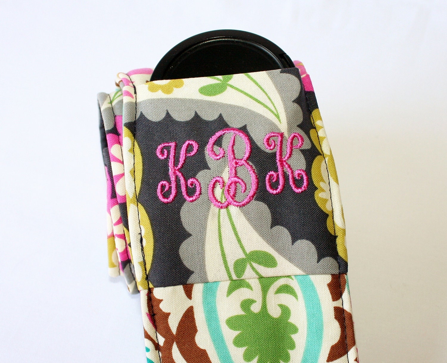 Monogramming included Wide Camera Strap for DSL camera Navy, Fushia, Turquoise, and Lime Paisley with lens cap pocket