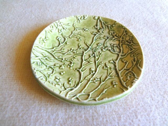 Pretty Fern Green Handmade Stoneware CHERRY BLOSSOM Soap or Ring Dish