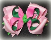 Pink and Green Boutique Hair Bow 3 Layers of Ribbon and Spikes