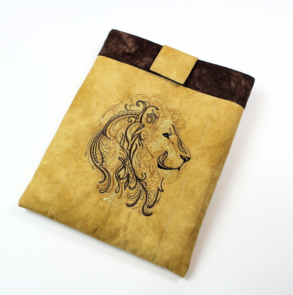 Lion iPad Sleeve Case in Tan and Brown Machine Embroidered
