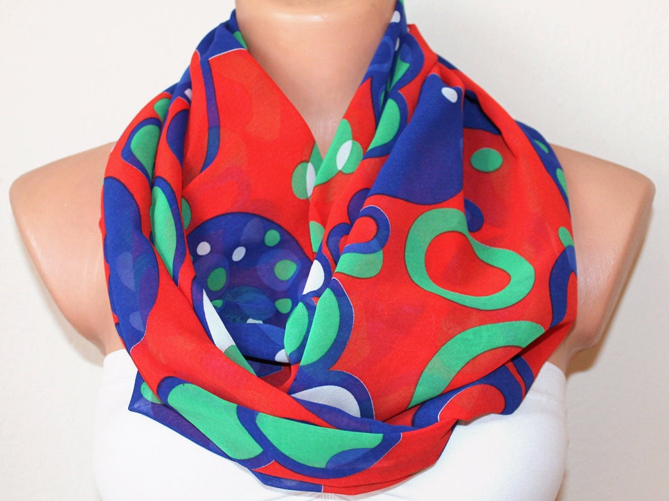 Infinity Scarf Loop Scarf Circle Scarf Cowl Scarf Red Royal Blue Green Circles Chiffon Soft and Lightweight