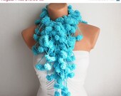 BIG SALE Turquoise Mulberry Handmade Scarf Pom Pom