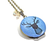 Deer Head Blue Antler Handpainted Brass Locket with Czech Glass Drops 14K Gold Wire
