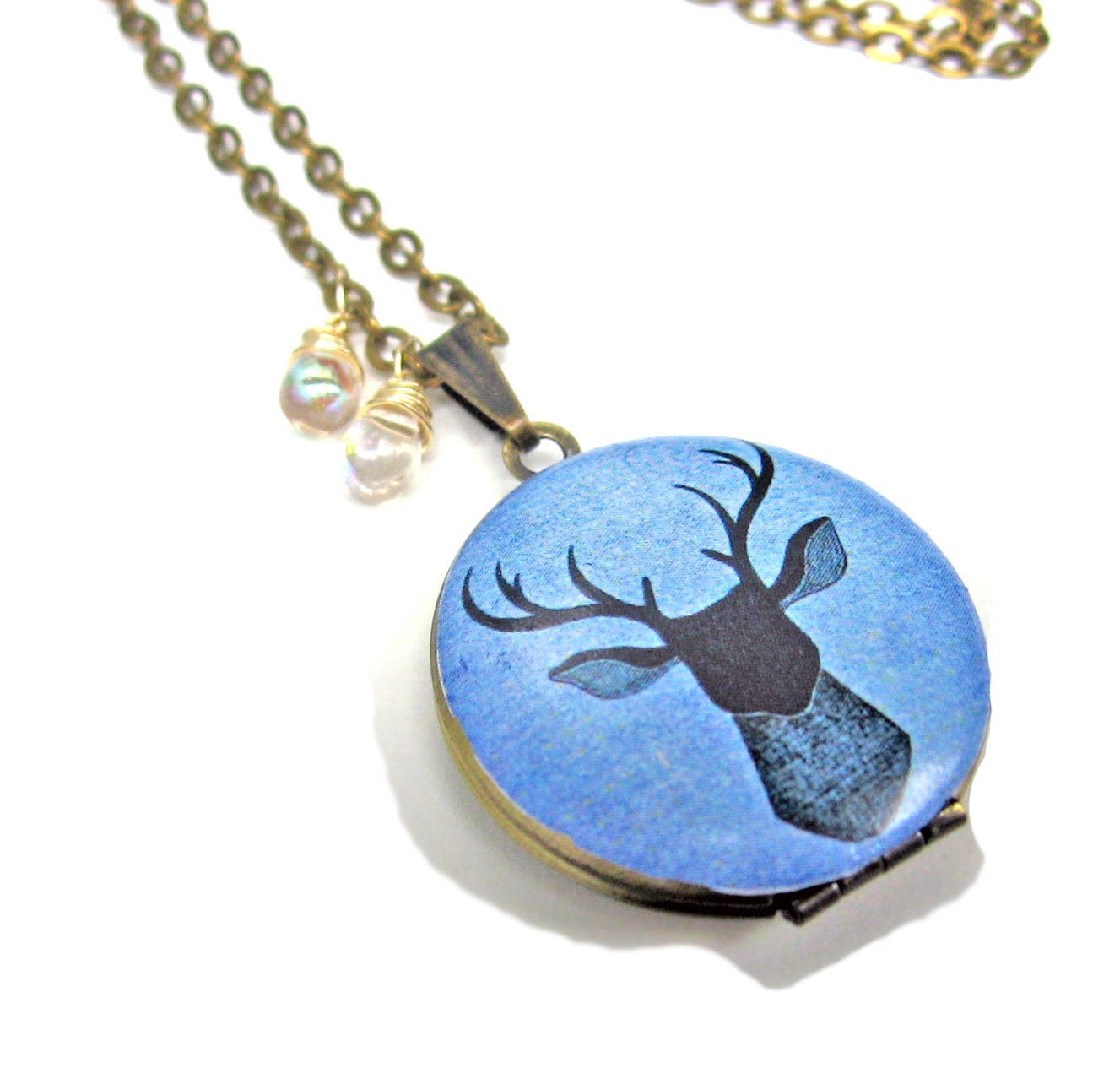 Deer Head Blue Antler Handpainted Brass Locket with Czech Glass Drops 14K Gold Wire