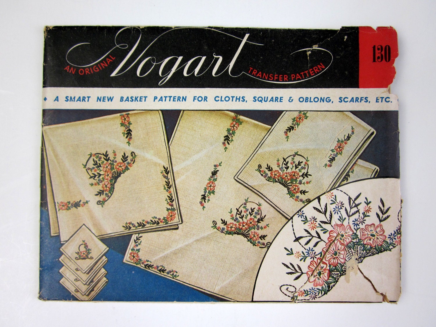 Vogart Transfer Pattern 50s / Uncut Basket Pattern for Large Square or Oblong Cloth and Napkin or Scarf