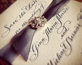 Calligraphy Letterpress Wedding Save the Date with Silk and Vintage Styled Embellishment Love No.1075