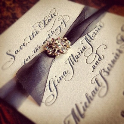 Calligraphy Letterpress Wedding Save the Date with Silk and Vintage Styled Embellishment Love No.1075