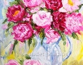 Original Peonies Impressionist  Floral custom oil painting pink flowers yellow grayish blue background by J Beaudet
