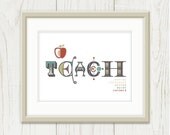 Teacher Gift: Teach Typography Art Print - Teacher Appreciation Gift, Graduation, Red Apple, Sage Green, Blue - 8 x 10 Wall Art Print