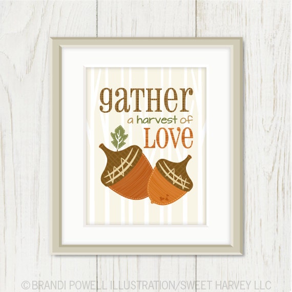 Gather Love: Thanksgiving Print - Harvest Poster, Tree Silhouette Pattern, Acorn, Fall Harvest - Burnt Orange, Brown, Green, Ivory 8 x 10