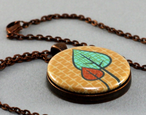 Autumn Tree Pendant Necklace: Interchangeable Magnetic Locket Set - Geometric Pattern, Plaid - Teal, Emerald, Orange, Red, Leaf Print