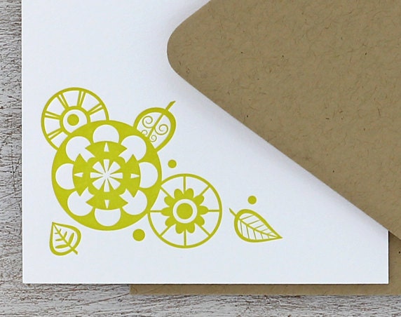 Modern Flower Letterpress Note Cards: Round Flowers, Autumn Leaves, Geometric Shape, Circle, Honey Gold, Yellow (Set of 10)