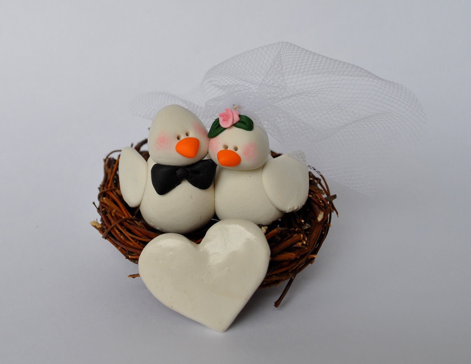 Sweet Bride and Groom Love Birds in a Nest Wedding Cake Topper