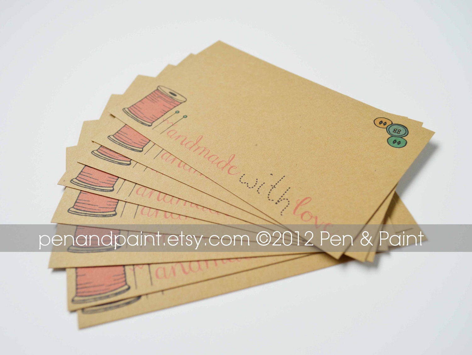 Set of 48 Handmade With Love Mini Cards, Sewing, Spool of Thread, Hand Drawn, Illustration, Quote, Notecards, Needle and Thread