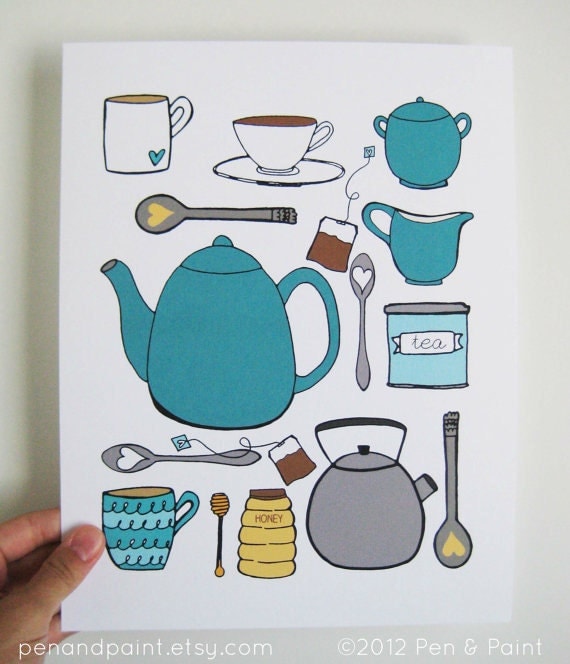 CHOOSE your color, Kitchen Art, Kitchen Decor, I love tea, Tea lover, teapot, tea cup, 8 x 10 Art Print