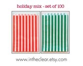 Set of 100 - Traditional Sweet Shop Holiday Christmas Mix Red and Green Candy Stripe Paper Bags - 5x7 New Style