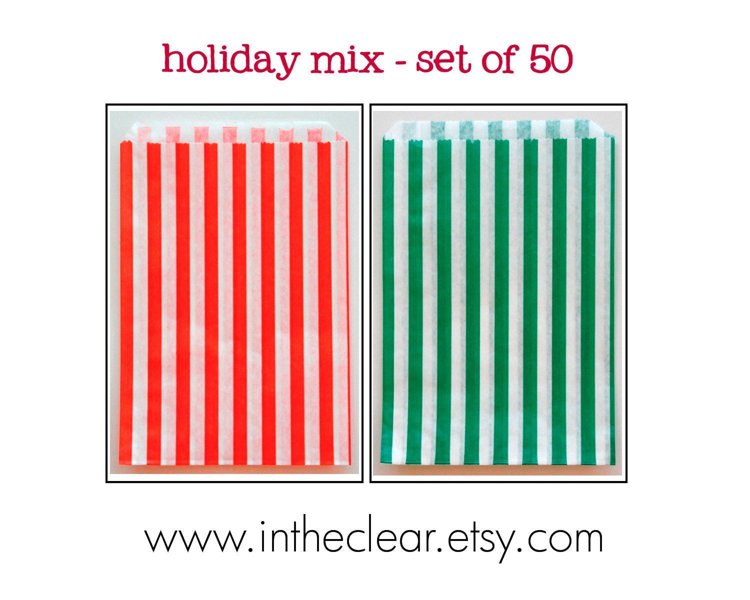 Set of 50 - Traditional Sweet Shop Holiday Christmas Mix Red and Green 25 of Each Candy Stripe Paper Bags - 5 x 7 New Style