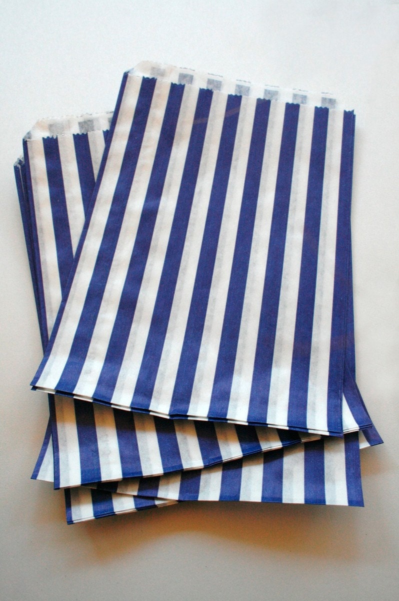 Set of 50 - Traditional Sweet Shop Blue Stripe Paper Bags - 10 x 14 New Style
