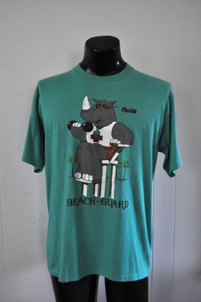 Vintage Tshirt Florida Cartoon Rhino Retro Shirt TEAL Aqua LARGE